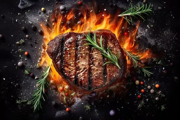 beef steaks grill with flames to 1
